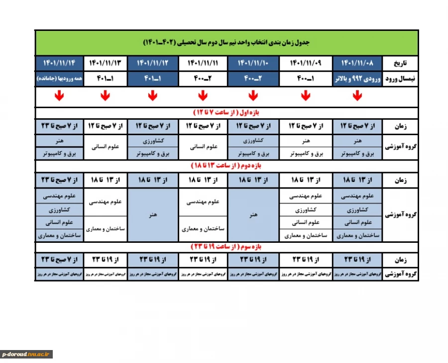 برنامه زمان بندی انتخاب واحد نیمسال دوم 1401 2