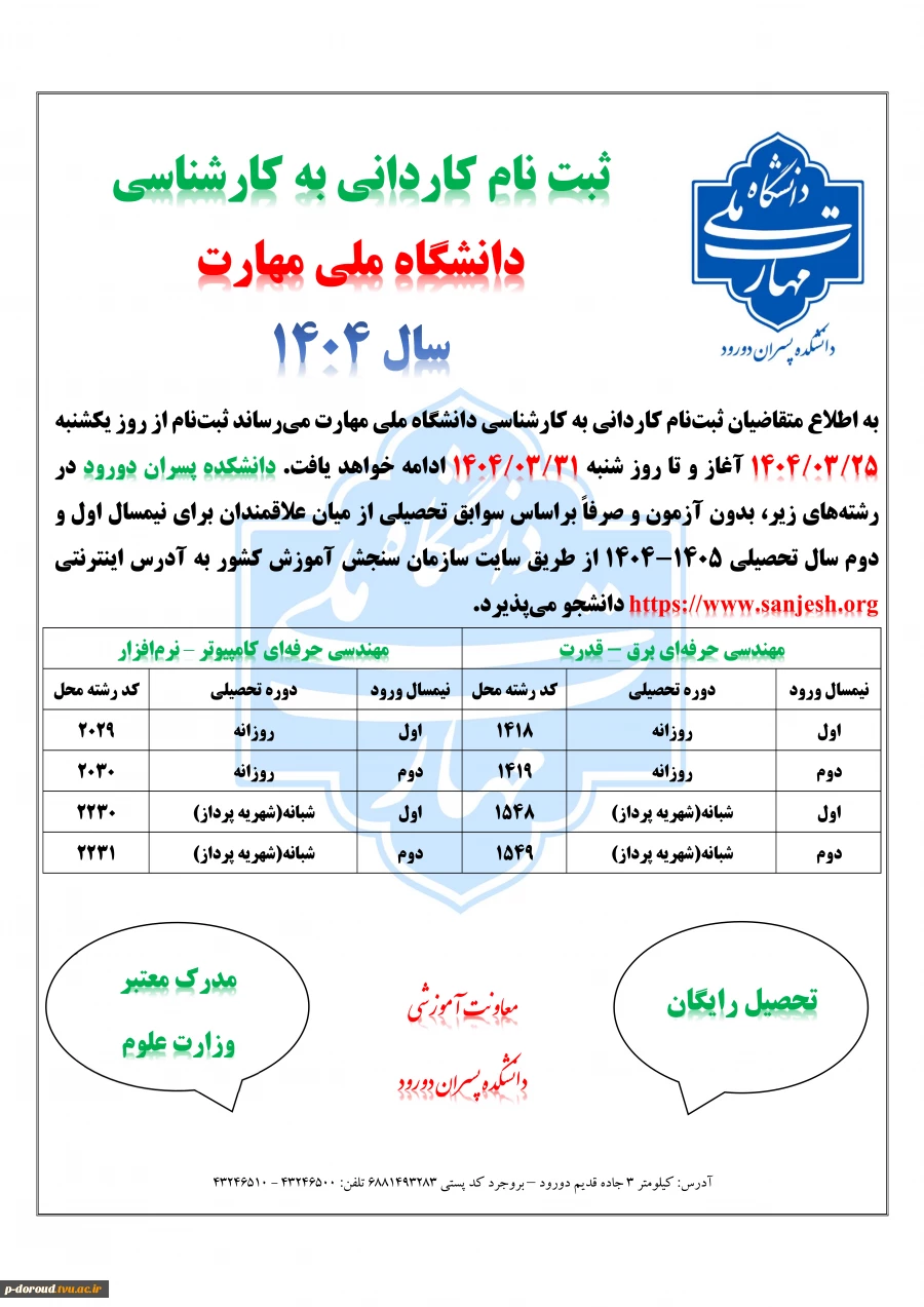 ثبت نام کاردانی به کارشناسی دانشگاه ملی مهارت سال 1404 2